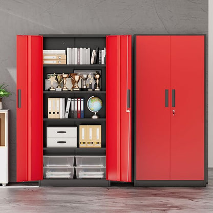INTERGREAT Storage Cabinet with Doors and Shelves, Metal Garage Storage Cabinets with Lock, Black Lockable Steel Supply Cabinet for Home Office, Warehouse (Black Red)