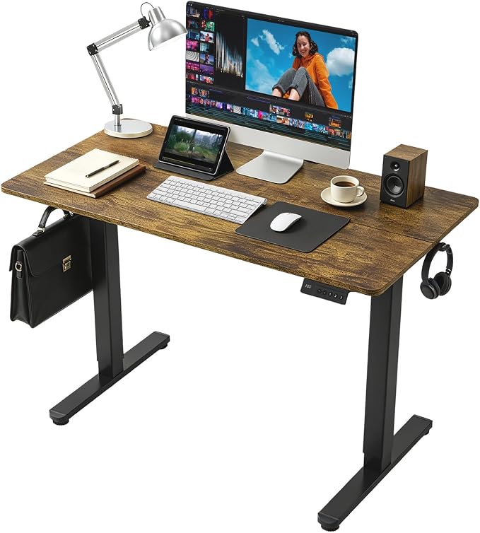 Electric Standing Desk, 40x24 Inches Sit Stand up Desk with 3 Memory Presets & Child Lock, Silent Motor, Heavy Duty Steel Frame, Dual Hooks, for Computer Workstation,Dark Walnut
