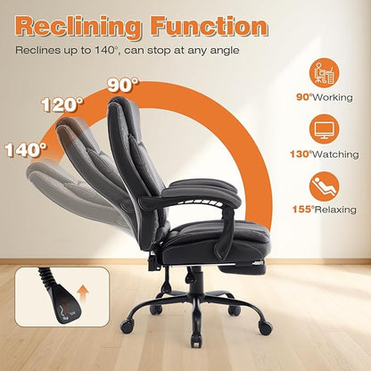 Reclining Ergonomic Office Chair with Footrest, Big Tall Recliner Office Desk Chairs with Lumbar Support, 400lbs Heavy Duty High Back Leather Executive Computer Chair with Wheels, Back Grey