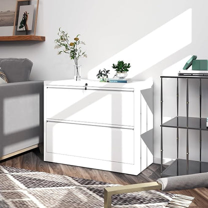 File Cabinets 2 Drawer,Metal Office Storage Filing Cabinet with Lock,White Lateral Filing Cabinet for Home Office,Horizontal Two Drawer File Cabinet for Legal/Letter/A4,Assembly Require,White