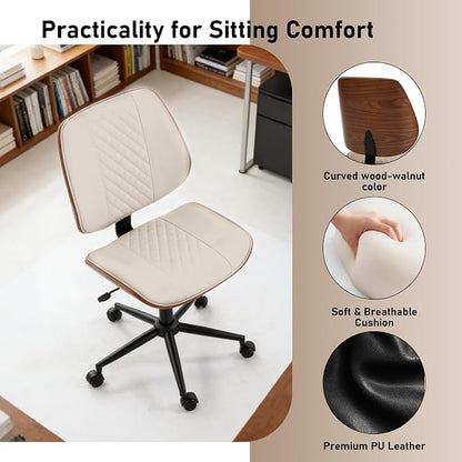DYHOME Modern Walnut Home Office Chair with Wheels, Executive Office Desk Chair No Arms, Adjustable Height Small Desk Chair, Comfy PU, Deeper Cushion, Mid Back 360 Swivel Computer Chair, Beige