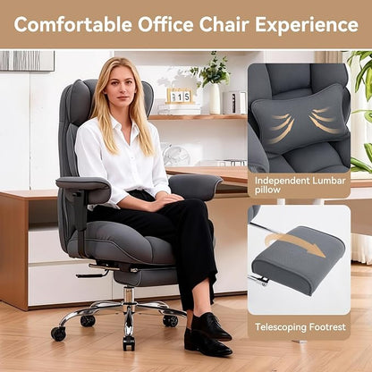 Efomao Executive Office Chair, Bluegrey Fabric Big and Tall Desk Chair | Breathable fabric, pocket spring & foam seat, retractable footrest, 135° recline for computer gaming setup