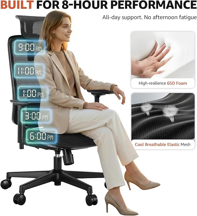 ErgoSift Ergonomic Mesh Office Chair Computer Desk Chair, Headrest, Black | 3D Armrests, Lumbar Support, Seat Slide, 330 lbs Capacity, Home Office and Gaming
