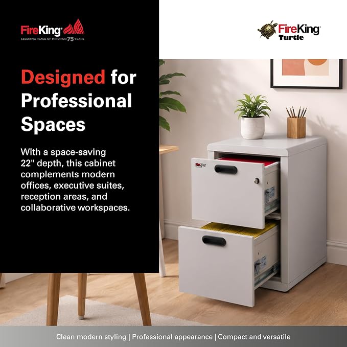 FireKing Turtle Contour - 2 Drawer Fire Safe File Cabinet with Key Lock - 1 Hour Fire Rated, UL Rated & Water Resistant Home Safe - Made in the USA Legal & Letter Filing Cabinet - Platinum