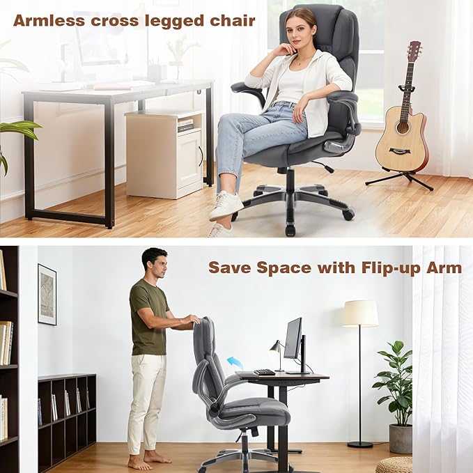 Executive Office Chair with Flip up Arms, Ergonomic PU Leather Office Chairs with Wheels, 90-120° Rocking High Back Office Desk Chair with Lumbar Support, Swivel Task Chairs(Grey)