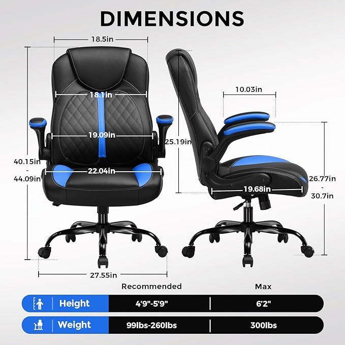 GTPLAYER Office Computer Gaming Chair Ergonomic Desk Chair for Adults with Lumbar Support Flip-Up Arms Adjustable Height Swivel Wheels PU Leather Executive Design for Short People Use, Blue