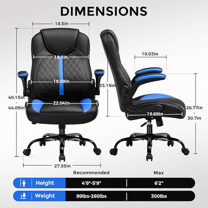 GTPLAYER Office Computer Gaming Chair Ergonomic Desk Chair for Adults with Lumbar Support Flip-Up Arms Adjustable Height Swivel Wheels PU Leather Executive Design for Short People Use, Blue