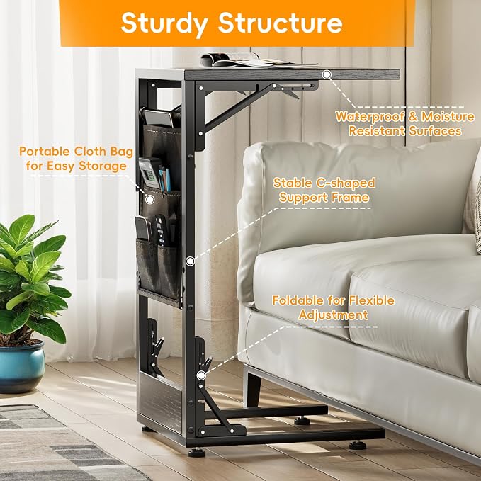 Folding C Shaped End Table, Small Folding Side Table with Storage Bag, Portable TV Tray for Couch, Sofa, Bed, Black