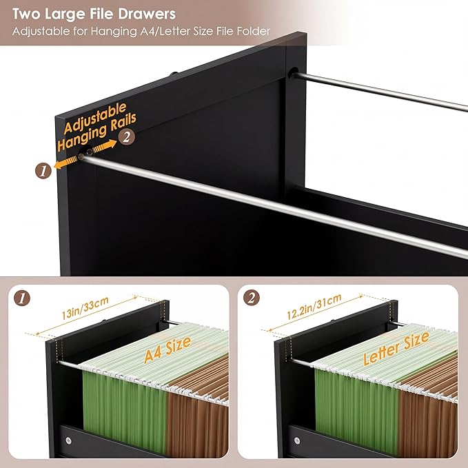 HIFIT 72'' Tall File Bookcase with Power Outlet & Printer Stand, 2 Drawer Filing Cabinets for Home Office Fit Hanging A4 File, Storage Cabinet w/ 3 Tier Open Book Shelf & Doors for Living Room, Black
