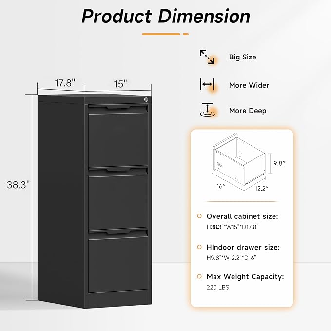 Bestoo 3 Drawer File Cabinet with Lock, Filing Cabinets, Metal Vertical Filing Cabinets for Home Office, File Storage Cabinet for Letter/Legal/A4/F4 Size File, Easy Assembly