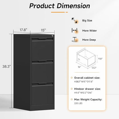 Bestoo 3 Drawer File Cabinet with Lock, Filing Cabinets, Metal Vertical Filing Cabinets for Home Office, File Storage Cabinet for Letter/Legal/A4/F4 Size File, Easy Assembly