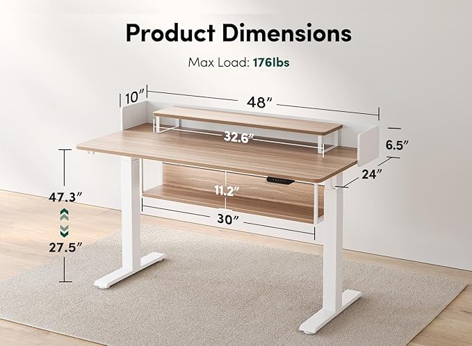 CubiCubi 55" Electric Standing Desk with Under Desk Shelves, Sit Stand Rising Computer Desk with Monitor Shelf, Home Office Desks with Hooks, Adjustable Height Stand Up Workstation Table, Light Walnut