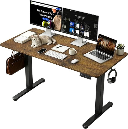Electric Standing Desk, 55x24 Inches Sit Stand up Desk with 3 Memory Presets & Child Lock, Silent Motor, Heavy Steel Frame, Dual Hooks & Leveling Feet, for PC Workstation, Dark Walnut