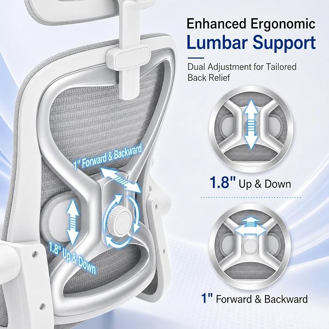 Ergonomic Office Chair for Back & Neck Pain Relief, Virgin Foam Seat, 2D Adjustable Lumbar & 3D Headrest, Tilt & Rock for Relaxation, Ideal for Long Sitting Comfort, Gray/Silver