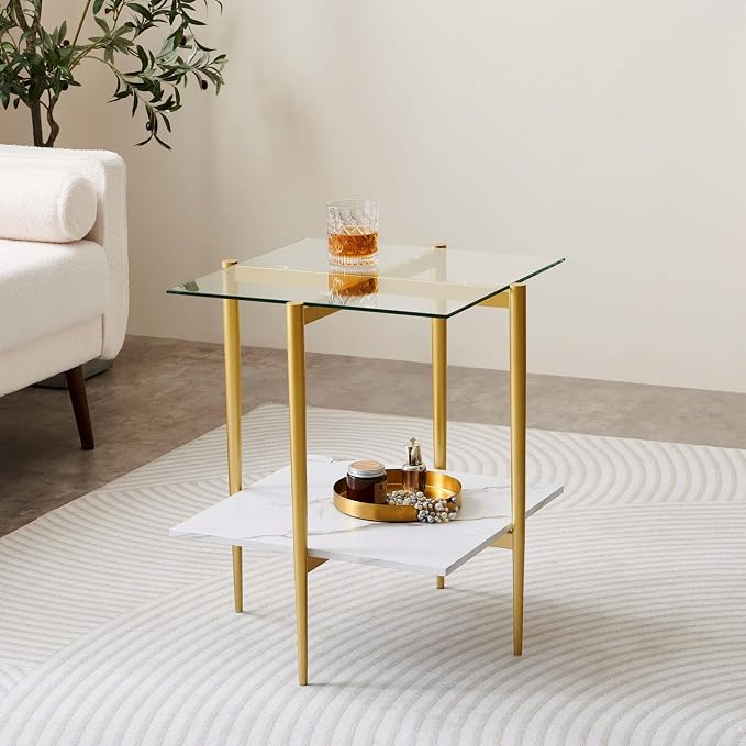 LumFurn Square Glass End Table, Mid-Century Modern Design Sofa Table, for Living Room, L18 x W18 x H23, Clear Glass Top and White Marble MDF Shelf, Sleek Conical Metal Legs with Gold Finish