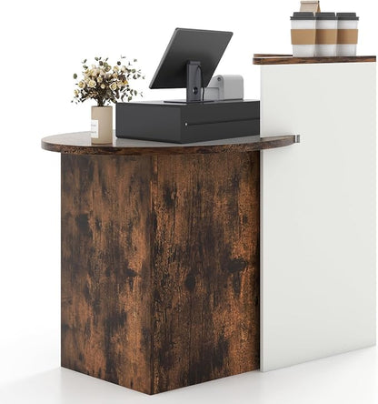 Giantex Reception Desk, Front Counter Desk with Lockable Drawer, Checkout Table with Round Tabletop, Corner Shelf & Adjustable Shelf for Office Beauty Salon Retail Store (White & Brown)