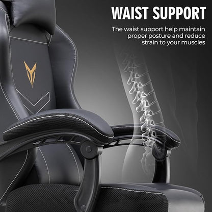 GTPLAYER Gaming Chair, Office Chair High Back Computer Chair with Foot Rest for Adults, Leather Desk Chair Executive Ergonomic Height Adjustable with Headrest and Lumbar Support, 300lbs Dark Black