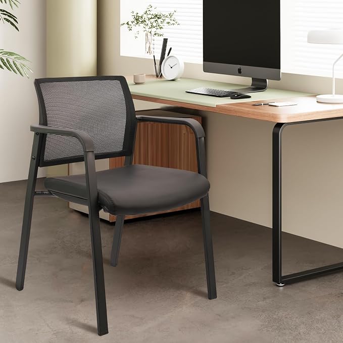 CLATINA Mesh Back Guest Reception Stacking Chair, Waiting Room Stackable Chairs with Upholstered Leather Seat & Ergonomic Lumbar Support for Office Conference School Study Church Lobby, Black, 2 Pack
