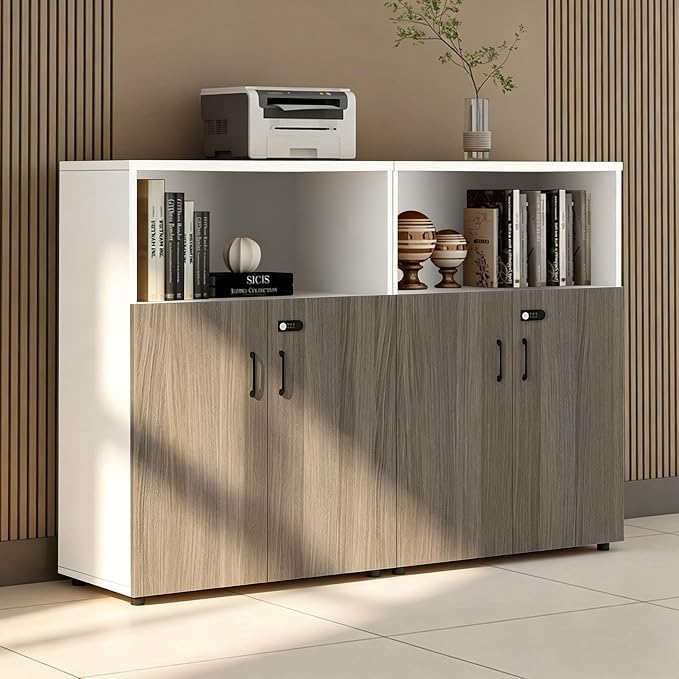 File Cabinet with Password Lock, Wood Lateral Filing Cabinet for Letter/A4 Files, 3 Drawer with Door, Printer Stand with Open Shelves for Home Office