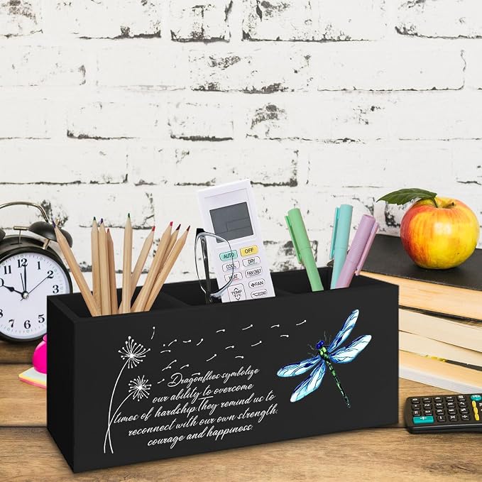 Dragonfly Dandelion Decorative Black Pencil Holder for Desk, Black Bookmark Holder Decor, Pen Caddy for Desk Decorative, Motivational Gifts for Women