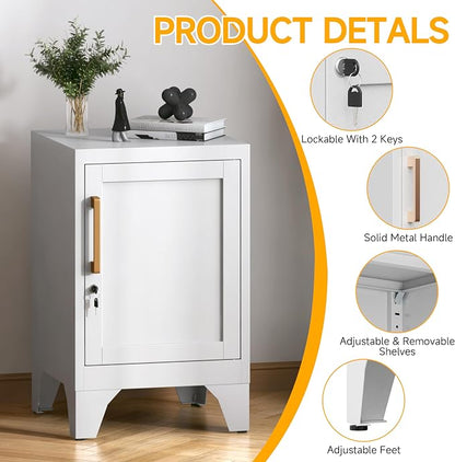 23.6" H White Metal Locker Nightstand with 1 Lockable Door and 1 Adjustable Shelf, Small Storage Cabinet with Detachable Legs and Vintage Handle for Home Office,Living Room or Bedroom,Easy Assembly