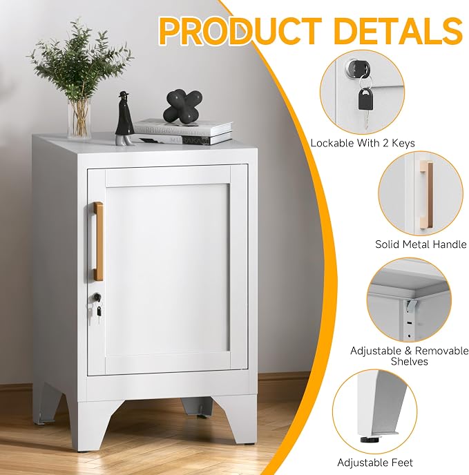 23.6" H Metal Locker Nightstand Set of 2,White Locking Night Stand with Door and Adjustable Shelf, Small Locker Cabinet with Detachable Legs for Home Office,Living Room or Bedroom,Easy Assembly