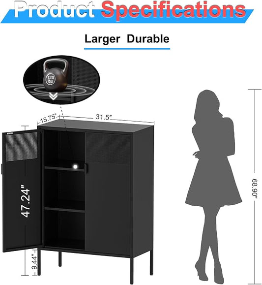 Washsemba 2 Mesh Door Metal Storage Cabinet with Adjustable Shelves, Multipurpose Black Storage Cabinet, 3-Tier Office Cabinet,Metal Storage Cabinet for Office Home,Hallway(Black, 47''H)