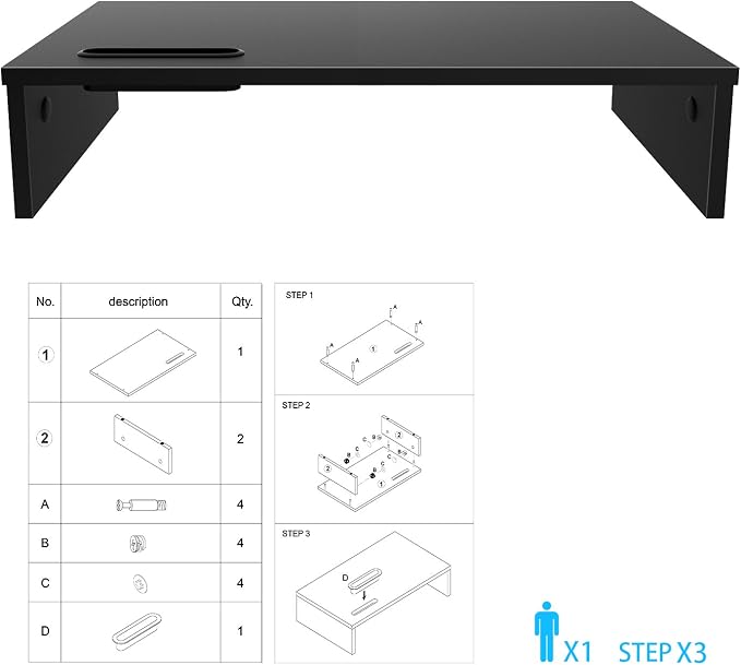 1home Ergonomic Monitor Stand Riser, 21.3 Inch Wood Desktop Stand with Cellphone Holder and Cable Management, Black