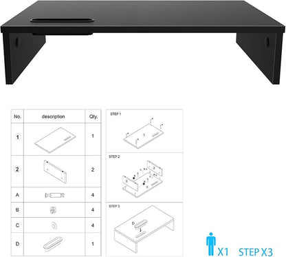 1home Ergonomic Monitor Stand Riser, 21.3 Inch Wood Desktop Stand with Cellphone Holder and Cable Management, Black