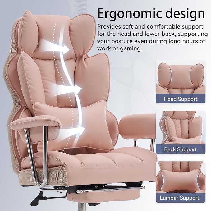 Efomao Big and Tall Office Chair, 400lbs Heavy Duty High Back Executive Chair with 23.6" Extra Wide Seat, PU Leather Desk Chair with Footrest and Padded Armrests, Pink