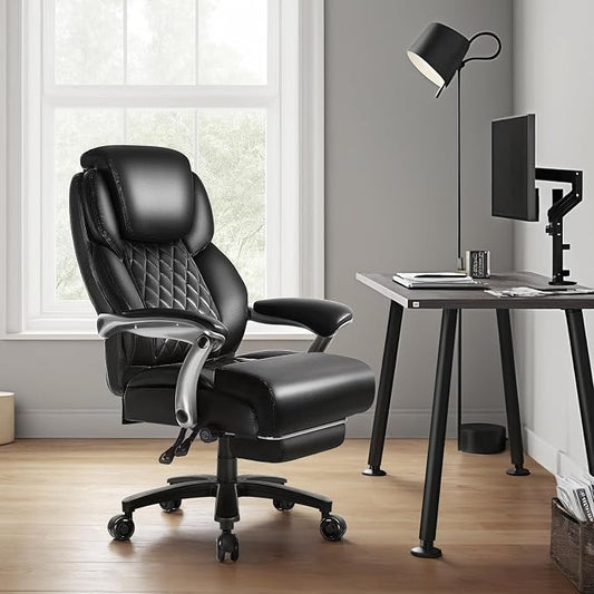 OFIKA 600lbs Big and Tall Office Chair with Foot Rest and Lifting Headrest,Large Heavy Duty Chair with Adjustable Lumber Support,Executive Office Chair,Leather Chair for Heavy People (Black)