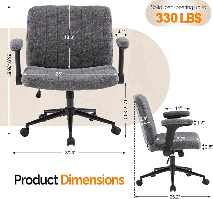 VINGLI Criss Cross Chair with Adjustable Flip-Up Arms,Cross Legged Chair with Wheels,Extra Wide Office Chair,Desk Chair for Home Office,Vanity,Bedroom, Apartment,Starry Chenille,Dark Grey