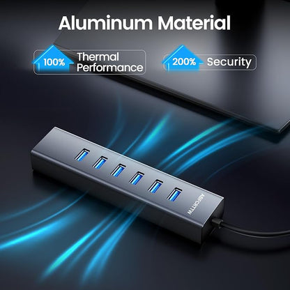 4FT USB to Ethernet Adapter, 7-in-1 USB Hub 3.0 Multiport Adapter with Ethernet 1Gbps & 6 USB 3.0 Port, USB Ethernet Adapter for Desktop, Laptop, MacBook, XPS Windows