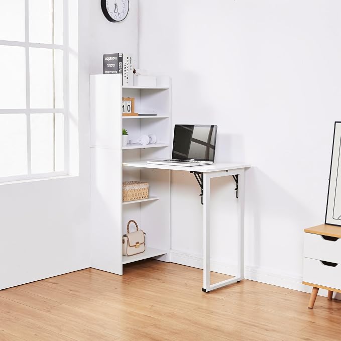 Folding Desk with Storage,Space-Saving Foldable Desk, Wall Mount Fold Out Computer Table for Home Office (White)