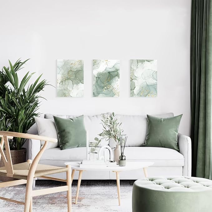 Sage Green Wall Art Set of 3,Abstract Green Wall Decor Living Room,Minimalist Modern Framed Wall Art Marble Line Beige Gold Green Canvas Artwork Paintings,Boho Room Decor,Bedroom Bathroom Office Artwork,12"x16"