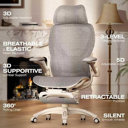 ELABEST X100 Ergonomic Mesh Office Chair with Footrest, Big and Tall Home Desk Chair with 5D Flip-Up Arms, Adjustable 3D Lumbar Support, Gaming & Executive Computer Chair, First Light