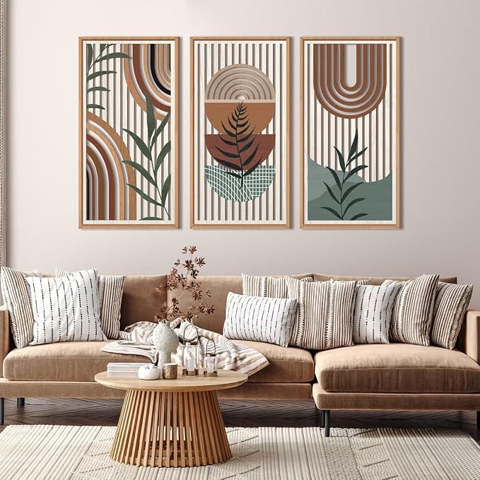 IARTTOP Framed Boho Mid-century Modern Wood Wall Art 16x32 Inch Large Bohemian Abstract Geometric Wooden Wall Decor Minimalist Brown Green Plant Decor for Bedroom Living Room Dining room Set of 3