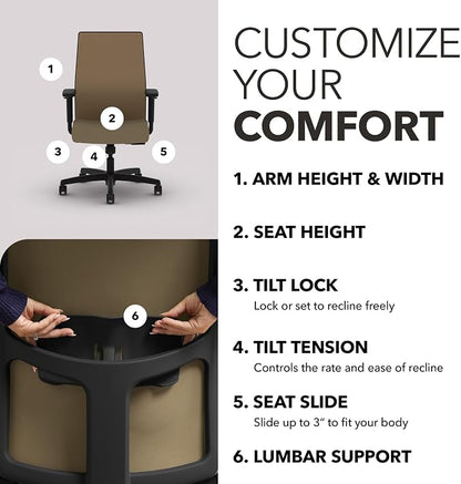 HON Ignition 2.0 Mid‑Back Ergonomic Office Chair, Mesh Task Desk Chair with Lumbar Support, Standard Synchro‑Tilt, Height and Width Adjustable Arms, Black Frame, Quicksand