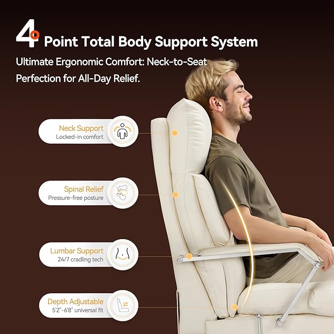 OKUP M76 160° Reclining Executive Office Chair with Footrest, Adjustable Seat Depth Leather Office Chair, 8" Thick Sofa-Like Cushion, 420 lb Reinforced High Back Desk Chair for Home Office, Cream