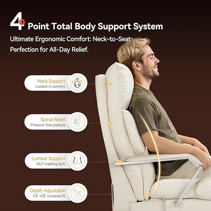 OKUP M76 160° Reclining Executive Office Chair with Footrest, Adjustable Seat Depth Leather Office Chair, 8" Thick Sofa-Like Cushion, 420 lb Reinforced High Back Desk Chair for Home Office, Cream