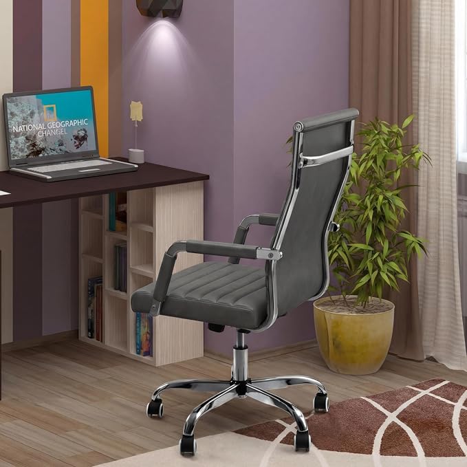 Shahoo Ribbed Office Chair, Mid-Back PU Leather Office Chair Executive Task Chair with 360° Swivel Wheels for Conference Room, Home Offices (Bicolor Vintage Grey)