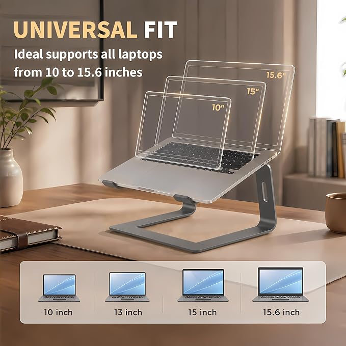 Orionstar Ergonomic Laptop Stand, Premium 5mm Aluminum Riser for 10-15.6 Inch Notebook Computer, Tool-Free Detachable Elevator Holder for Desk Office, Sturdy Riser for Eye-Level Neck Relief, Grey