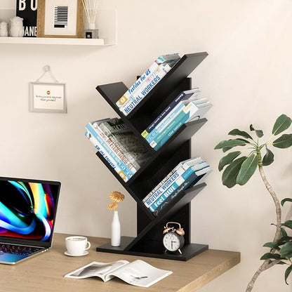 SHEEPAM 5 Tier Tree Book Shelf, Small Desktop Bookshelf with Storage Organizer, Wood Bookcase, Desk Display Bookshelves, Floor Standing Organizer Bookcases for Living Room,Bedroom,Office-Black