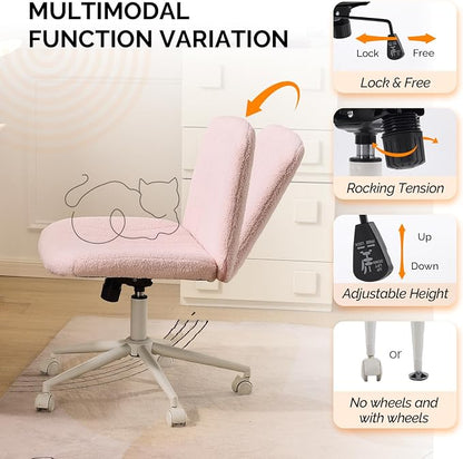VINGLI Criss Cross Legged Chair,Wide Comfy Office Desk Chair,Dual-Use with/no Wheels Computer Task Chair,Swivel Armless Vanity Boucle Chair for Study,Make Up,Home Office,Teddy Fleece,Pink