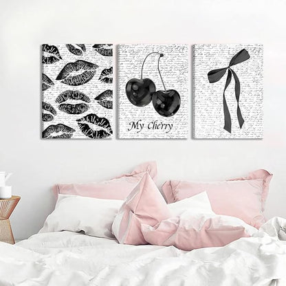 Black And White Canvas Wall Art Set of 3, Fashion Black White Lips And Cherry Posters Wall Decor, Trendy Aesthetic Bow Pictures Prints Paintings for Girls Bedroom Dorm Bathroom12x16in Framed