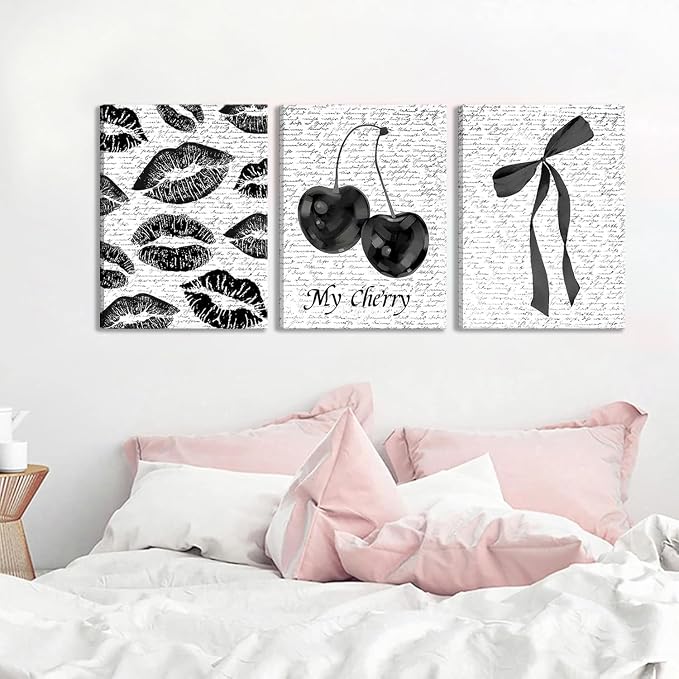 Black And White Canvas Wall Art Set of 3, Fashion Black White Lips And Cherry Posters Wall Decor, Trendy Aesthetic Bow Pictures Prints Paintings for Girls Bedroom Dorm Bathroom16x24in Framed
