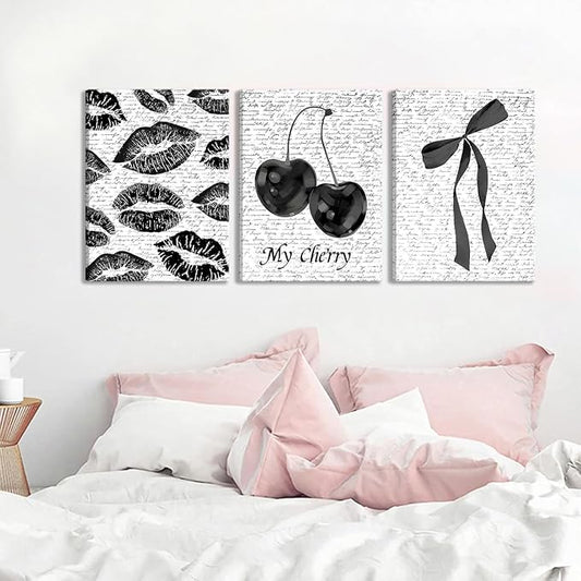 Black And White Canvas Wall Art Set of 3, Fashion Black White Lips And Cherry Posters Wall Decor, Trendy Aesthetic Bow Pictures Prints Paintings for Girls Bedroom Dorm Bathroom16x24in Framed