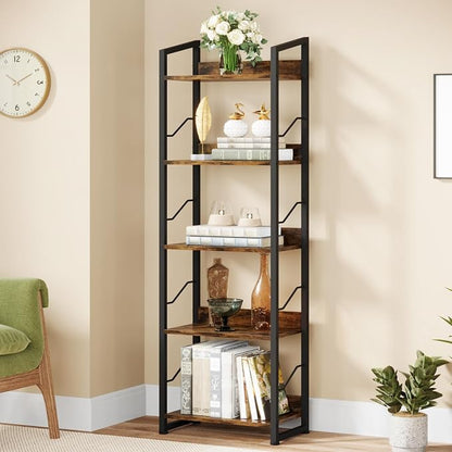 Hosfais 5 Tier Tall Bookshelf: Industrial Wood Book Shelf with Edge Protection Metal Narrow Bookshelf Bookcase Storage Organizer Display Rack for Living Room Home Office (Rustic Brown)