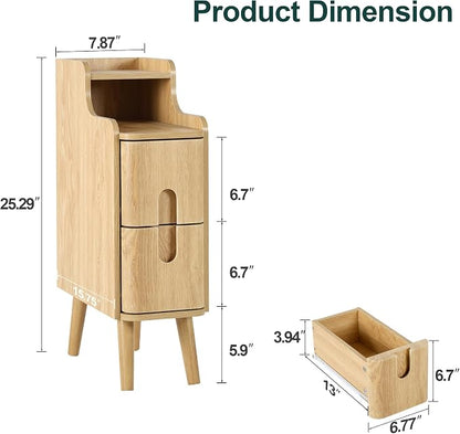 Narrow End Table Living Room, Wooden Small 2 Drawer Nightstand Bedroom, Thin Couch Side End Table, Vintage Skinny Bedside Table Small Spaces, Mid Century Modern Night Stand with Drawers (Natural-1 pc)
