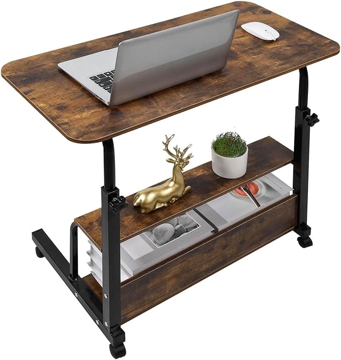 Adjustable Height Mobile Computer Desk for Small Space Rolling Writing with Wheels Corner Home Office Study Portable Desks Standing Desk Rolling Desk Mobile Laptop Table Size 31.5X15.7 Inch Brownish